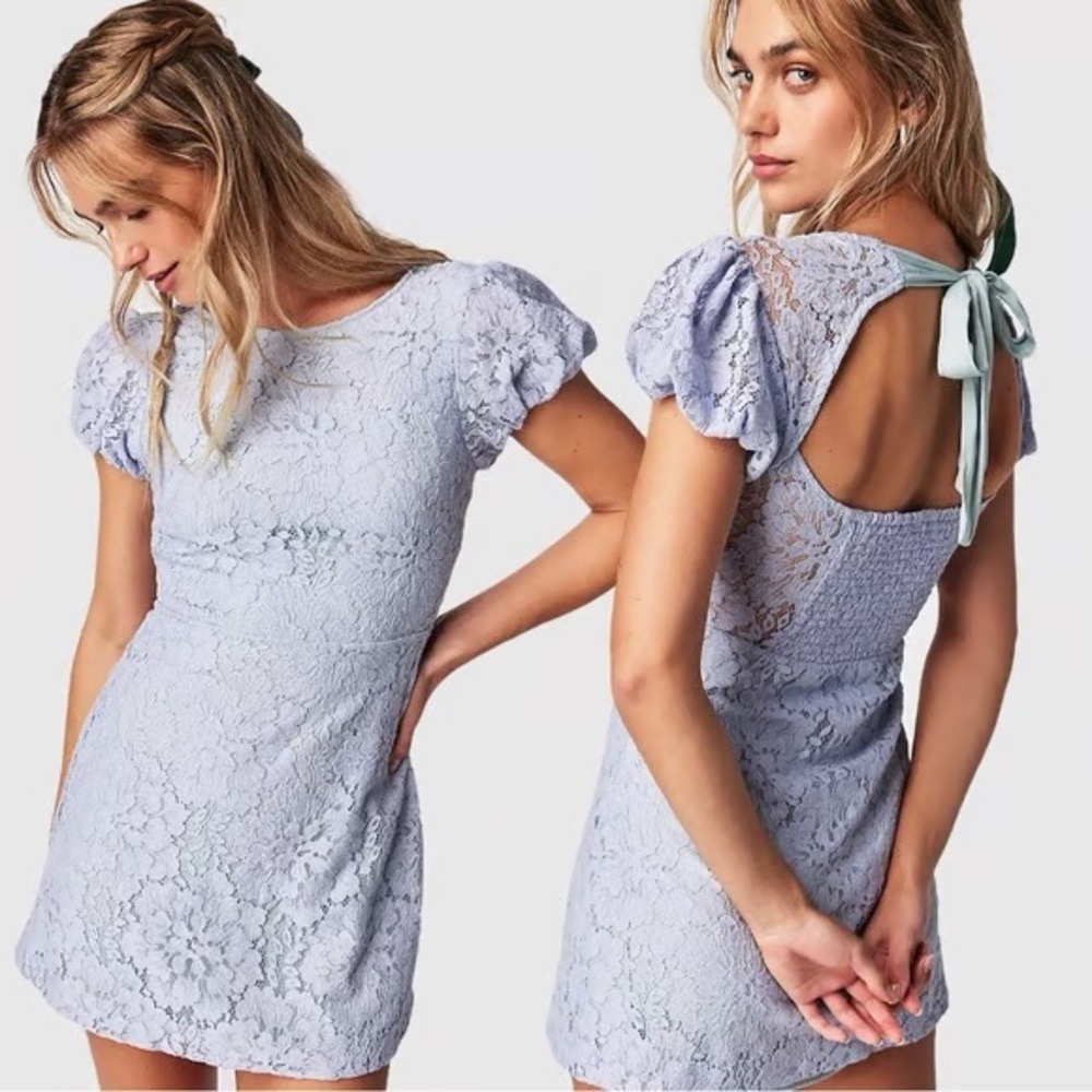 NWT FREE PEOPLE Hailee Lace Mini Dress Light Blue Twinkling Perry Size Small